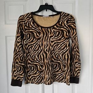 Animal print brown zebra waffle knit long sleeve thermal top